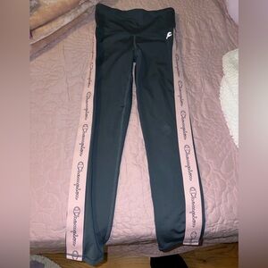 Champion Junior Black Leggings with Pink Logo Stripes